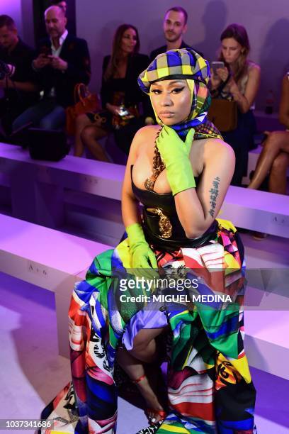 Rap singer Nicki Minaj attends the Versace fashion show during the Women's Spring/Summer 2019 fashion week in Milan, on September 21, 2018.