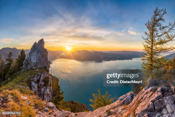 colorful summer sunset with view to lake attersee from schober- sunset at mount schoberstein, alps - upper austria stock pictures, royalty-free photos & images