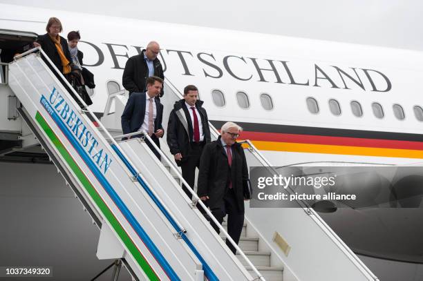 German Minister of Foreign Affairs Frank-Walter Steinmeier arrives to the airport in Samarkand, Uzbekistan, 31 March 2016. Steinmeier is traveling...