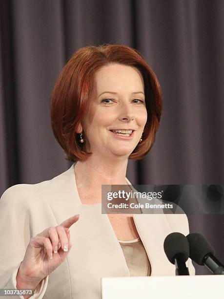 Prime Minister Julia Gillard speaks during a press conference at the National Press Club on August 31, 2010 in Canberra, Australia. Gillard called...