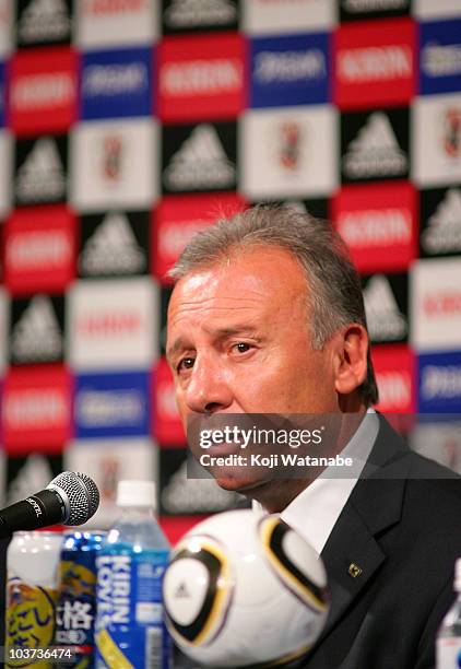 Newly appointed Japanese national team coach Alberto Zaccheroni speaks during a press conference at Tokyo Prince Hotel on August 31, 2010 in Tokyo,...