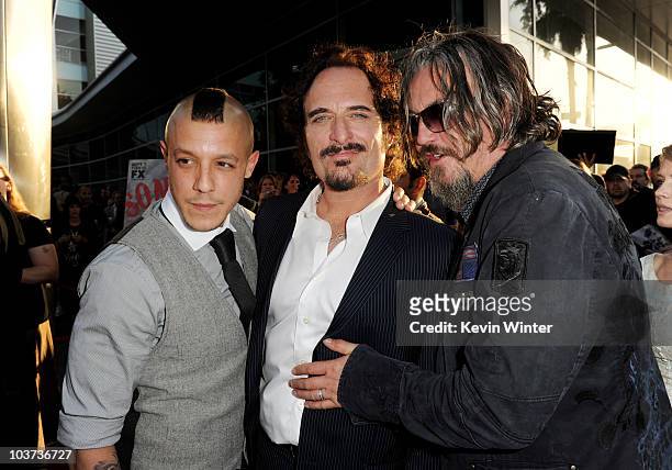Actors Theo Rossi, Kim Coates and Tommy Flanagan pose at the season three premiere screening of FX's "Sons of Anarchy" at the Cinerama Dome Theater...