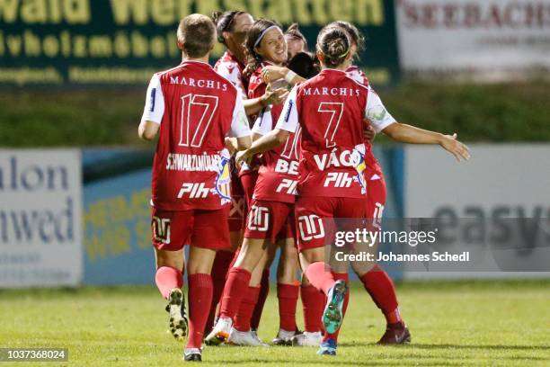 Valentina Schwarzlmueller of St. Poelten, Mateja Zver of St. Poelten Fanni Vago of St. Poelten and Jasmin Eder of St. Poelten celebrates the first...