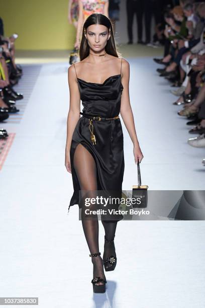 Emily Ratajkowski walks the runway at the Versace show during Milan Fashion Week Spring/Summer 2019 on September 21, 2018 in Milan, Italy.