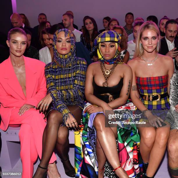 Rosie Huntington-Whiteley, Rita Ora, Nicki Minaj and Chiara Ferragni attend the Versace show during Milan Fashion Week Spring/Summer 2019 on...