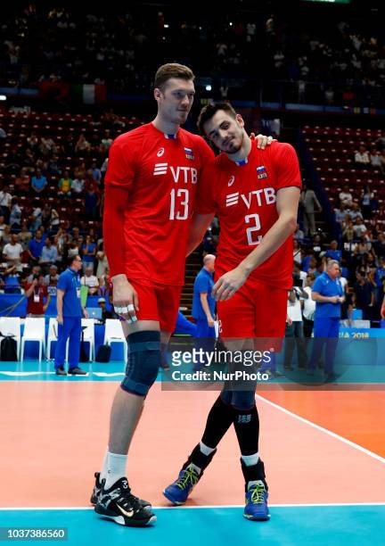 Netherlands v Russia - FIVP Men's World Championship Second Round Pool E Dmitry Muserskiy of Russia and Ilia Vlasov of Russia celebrate at Mediolanum...
