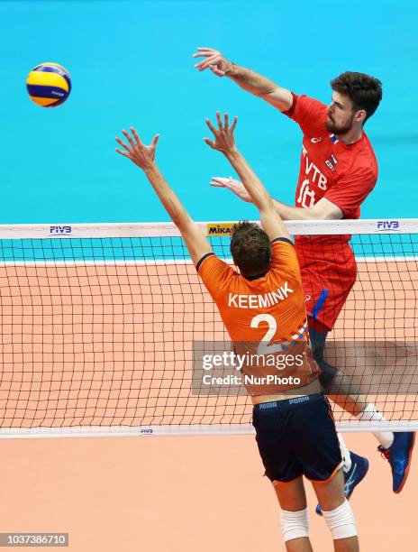 Netherlands v Russia - FIVP Men's World Championship Second Round Pool E Wessel Keemink of Netherlands and Egor Kliuka of Russia at Mediolanum Forum...