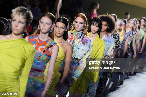 Model Bella Hadid walks the runway at the Versace show during Milan Fashion Week Spring/Summer 2019 on September 21, 2018 in Milan, Italy.