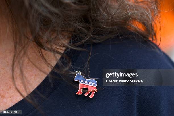 Donna Elms wears a Democrat donkey pin while lining up outside in advance of a campaign rally with former President Barack Obama, Pennsylvania...