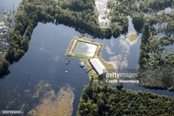 Hog farm stands surrounded by floodwater in this aerial photograph taken above New Bern, North Carolina, U.S., on Friday, Sept. 21, 2018. Record...