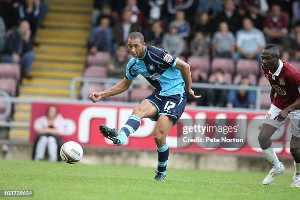 Lewis Montrose of Wycombe Wanderers in action during the npower LeagueTwo match between Northampton Town and Wycombe Wanderers at Sixfields Stadium...