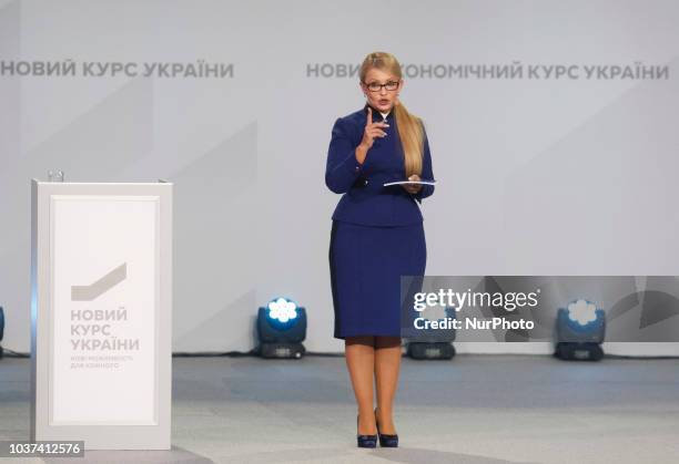 Ukrainian opposition leader Yulia Tymoshenko speaks during a presentation the program of economic development on a forum 'The New Economic Course of...