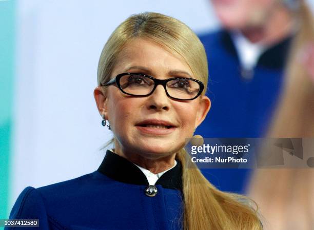 Ukrainian opposition leader Yulia Tymoshenko speaks during a presentation the program of economic development on a forum 'The New Economic Course of...