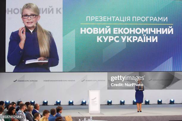 Ukrainian opposition leader Yulia Tymoshenko speaks during a presentation the program of economic development on a forum 'The New Economic Course of...