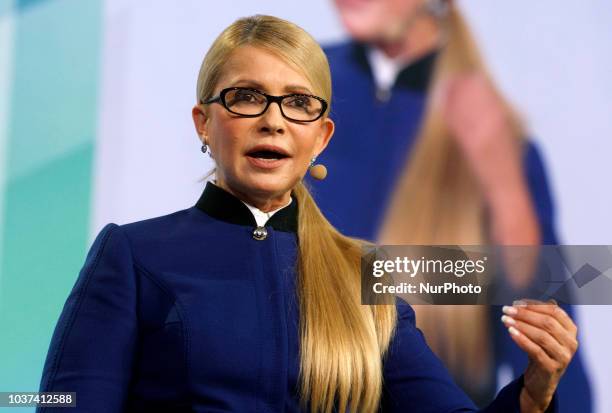 Ukrainian opposition leader Yulia Tymoshenko speaks during a presentation the program of economic development on a forum 'The New Economic Course of...