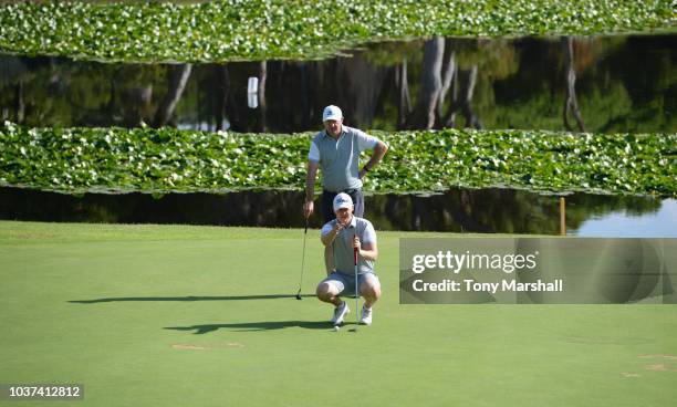 Michael Bradley and Tom Hallam of Notts Golf Club line up a putt on the 7th green during Day Two of The Lombard Trophy Grand Final on September 21,...