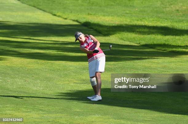 Pat Johnson of Ormskirk Golf Club plays her second shot on the 1st fairway during Day Two of The WPGA Lombard Trophy Grand Final on September 21,...