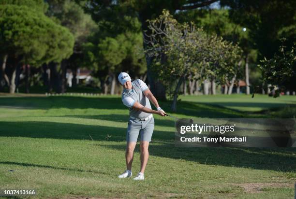 Tom Hallam of Notts Golf Club plays his shot to the 1st green during Day Two of The Lombard Trophy Grand Final on September 21, 2018 in Vilamoura,...