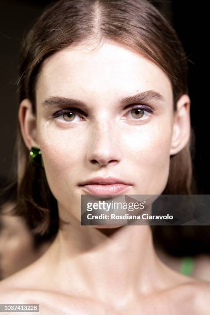 Model Giedre Dukauskaite is seen backstage ahead of the Blumarine show during Milan Fashion Week Spring/Summer 2019 on September 21, 2018 in Milan,...