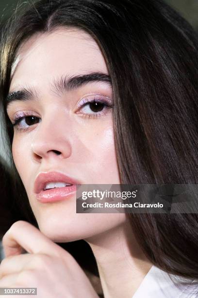 Model Alexandra Micu is seen backstage ahead of the Blumarine show during Milan Fashion Week Spring/Summer 2019 on September 21, 2018 in Milan, Italy.