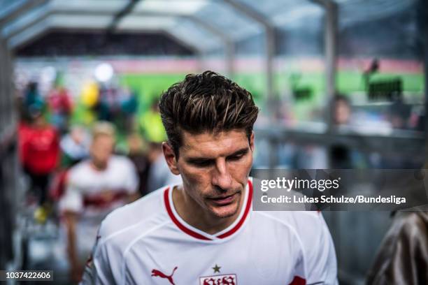 Mario Gomez of Stuttgart looks disappointed in the player tunnel after the Bundesliga match between VfB Stuttgart and Fortuna Duesseldorf at...