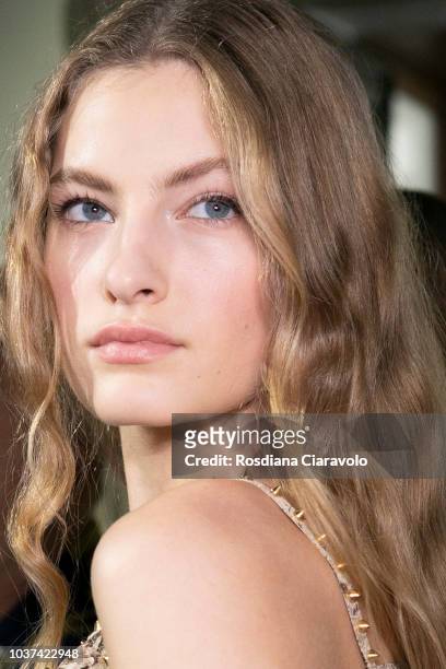 Model Felice Nova Noordhoff is seen backstage ahead of the Blumarine show during Milan Fashion Week Spring/Summer 2019 on September 21, 2018 in...