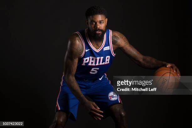 Amir Johnson of the Philadelphia 76ers poses for a portrait during Media Day at the Sixers Training Complex on September 21, 2018 in Camden, New...