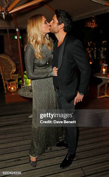 Jodie Kidd and Joseph Bates attend Jodie Kidd's 40th birthday party with Perrier-Jouet at The Mandrake on September 21, 2018 in London, England.