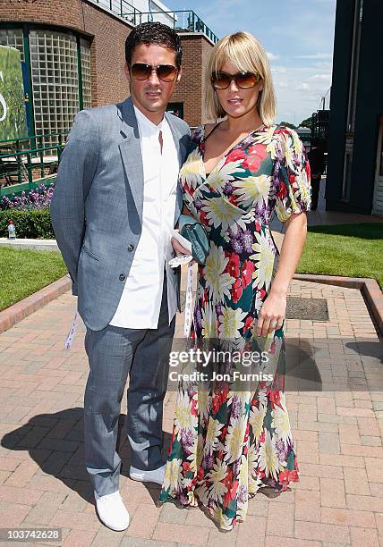 Actress Davinia Taylor with her husband Dave Gardner arrive as a guests of Evian during the Wimbledon Championships 2008 at the All England Club on...
