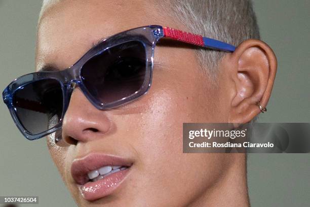 Model Dilone is seen backstage ahead of the Blumarine show during Milan Fashion Week Spring/Summer 2019 on September 21, 2018 in Milan, Italy.