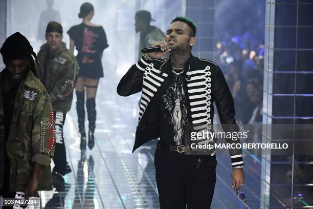 Singer Chris Brown performs during the presentation of the Philipp Plein fashion show, as part of the Women's Spring/Summer 2019 fashion week in...