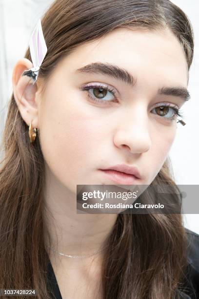 Model Julia Ratner is seen backstage ahead of the Blumarine show during Milan Fashion Week Spring/Summer 2019 on September 21, 2018 in Milan, Italy.