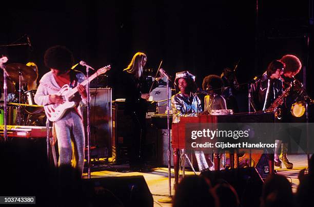 Sly Stone of Sly And The Family Stone performs on stage in 1974 in Los Angeles.