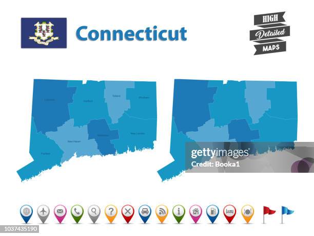 ilustraciones, imágenes clip art, dibujos animados e iconos de stock de connecticut - alta mapa detallado con gps icon collection - connecticut