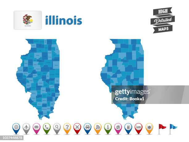 bildbanksillustrationer, clip art samt tecknat material och ikoner med illinois - hög detaljerad karta med gps ikon insamling - kartograf