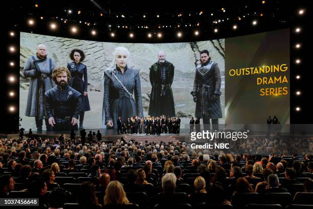 70th ANNUAL PRIMETIME EMMY AWARDS -- Pictured: David Benioff with cast and crew of Game of Thrones, " Outstanding Drama Series for Game of Thrones"...
