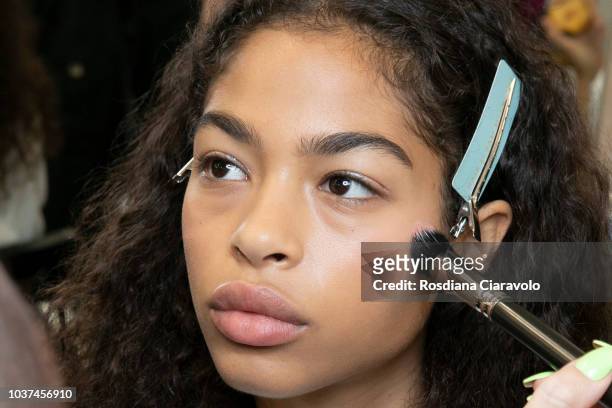 Model is seen backstage ahead of the Blumarine show during Milan Fashion Week Spring/Summer 2019 on September 21, 2018 in Milan, Italy.