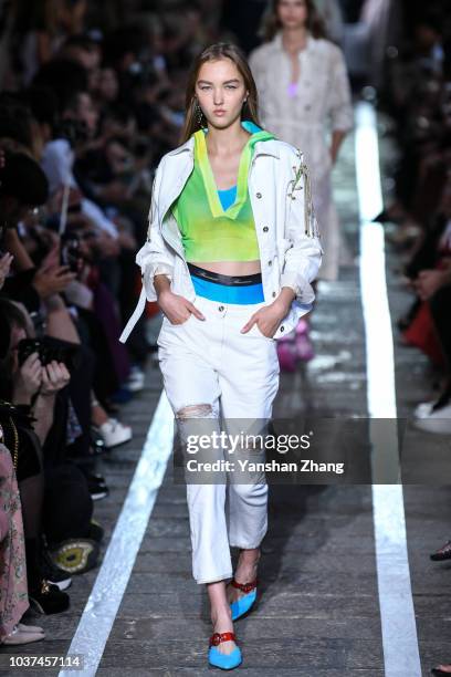 Model walks the runway at the Blumarine show during Milan Fashion Week Spring/Summer 2019 on September 21, 2018 in Milan, Italy.