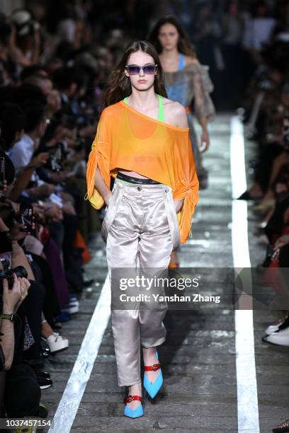 Model walks the runway at the Blumarine show during Milan Fashion Week Spring/Summer 2019 on September 21, 2018 in Milan, Italy.