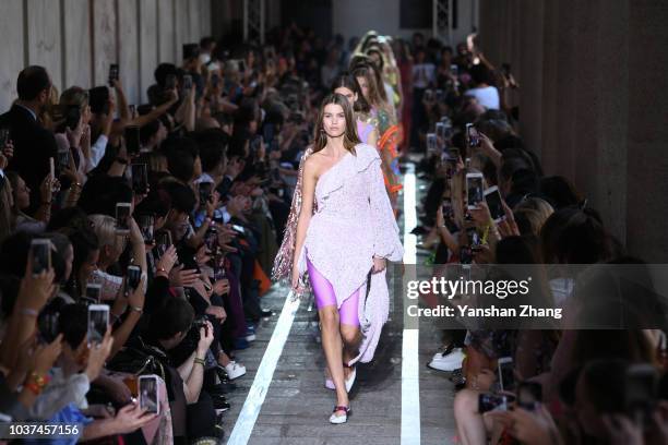 Models walks the runway at the Blumarine show during Milan Fashion Week Spring/Summer 2019 on September 21, 2018 in Milan, Italy.