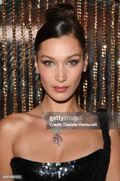 Bella Hadid is seen at the Bulgari Milan SS 2019 Dinner Party on September 21, 2018 in Milan, Italy.