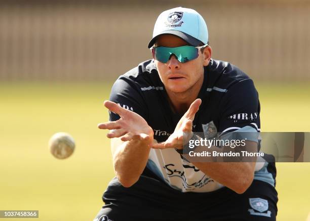 Steve Smith warms up prior to the NSW First Grade Club Cricket match between Sutherland and Mosman at Glenn McGrath Oval on September 22, 2018 in...