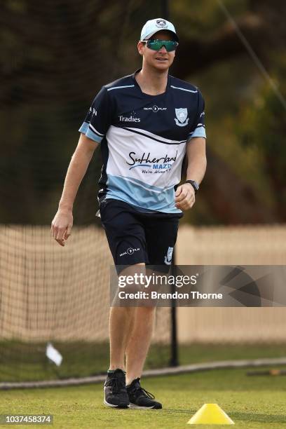 Steve Smith warms up prior to the NSW First Grade Club Cricket match between Sutherland and Mosman at Glenn McGrath Oval on September 22, 2018 in...