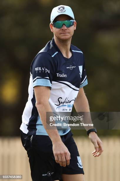 Steve Smith warms up prior to the NSW First Grade Club Cricket match between Sutherland and Mosman at Glenn McGrath Oval on September 22, 2018 in...
