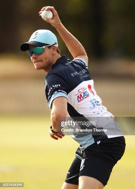 Steve Smith warms up prior to the NSW First Grade Club Cricket match between Sutherland and Mosman at Glenn McGrath Oval on September 22, 2018 in...