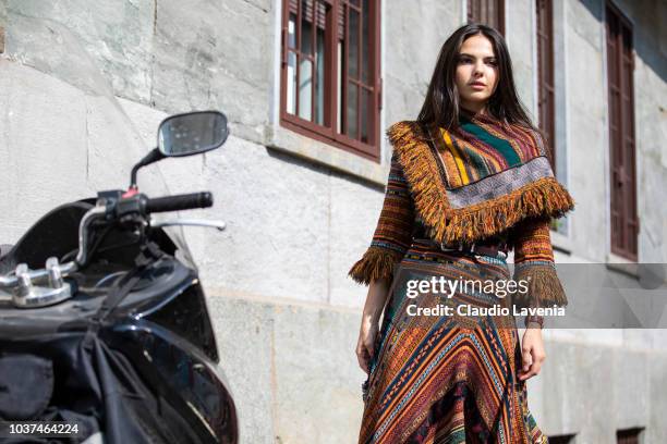 Doina Ciobanu, wearing Etro dress, is seen before the Etro show during Milan Fashion Week Spring/Summer 2019 on September 21, 2018 in Milan, Italy.