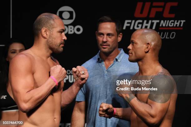 Opponents Thales Leites of Brazil and Hector Lombard of Australia face off during the UFC Fight Night weigh-in at Ibirapuera Gymnasium on September...