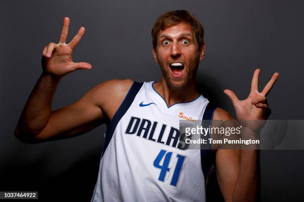 Dirk Nowitzki of the Dallas Mavericks poses for a portrait during the Dallas Mavericks Media Day held at American Airlines Center on September 21,...