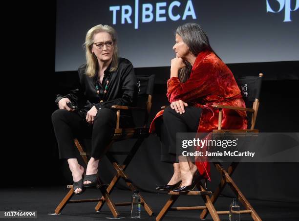 Meryl Streep and Tracey Ullman speak at the "Tracey Ullman's Show" Season 3 Premiere panel for the 2018 Tribeca TV Festival at Spring Studios on...