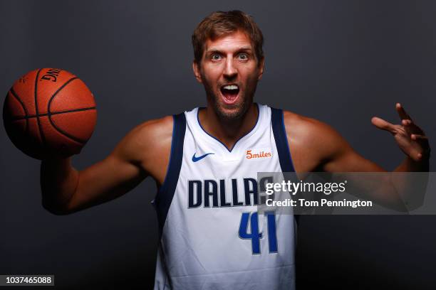 Dirk Nowitzki of the Dallas Mavericks poses for a portrait during the Dallas Mavericks Media Day held at American Airlines Center on September 21,...